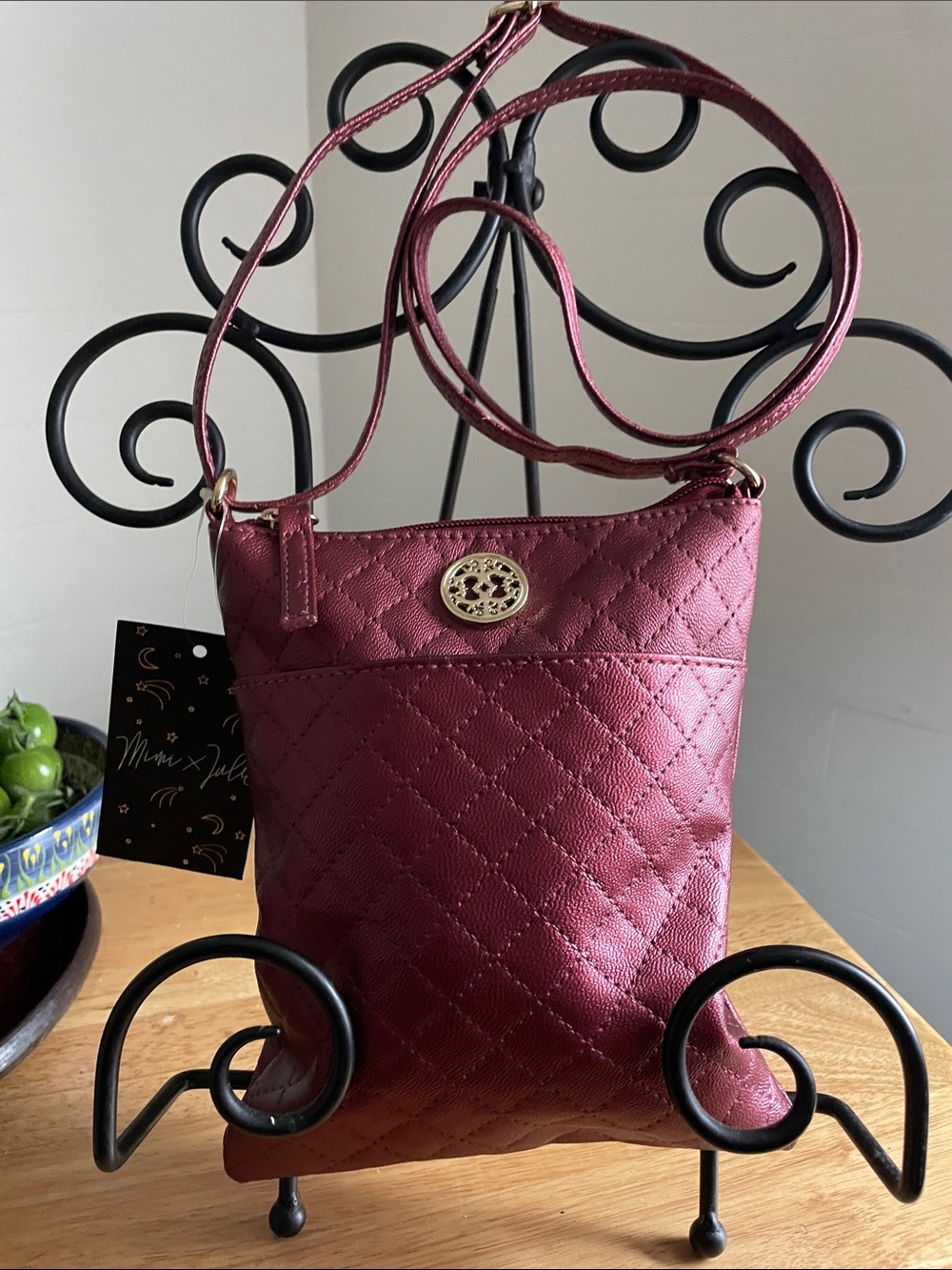 Mimi + Jules Vegan Quilted Crossbody Bag in Merlot Burgundy with Gold Logo